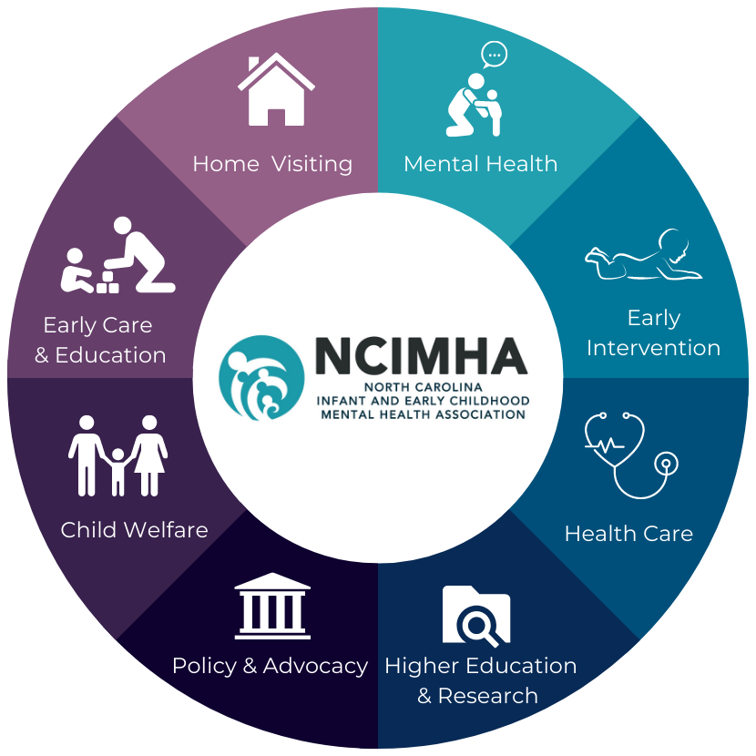 A graphic illustrates 8 areas of service: Mental Health, Early Intervention, Health Care, Higher Education and Research, Policy and Advocacy, Child Welfare, Early Care & Eduation, and Home Visiting.