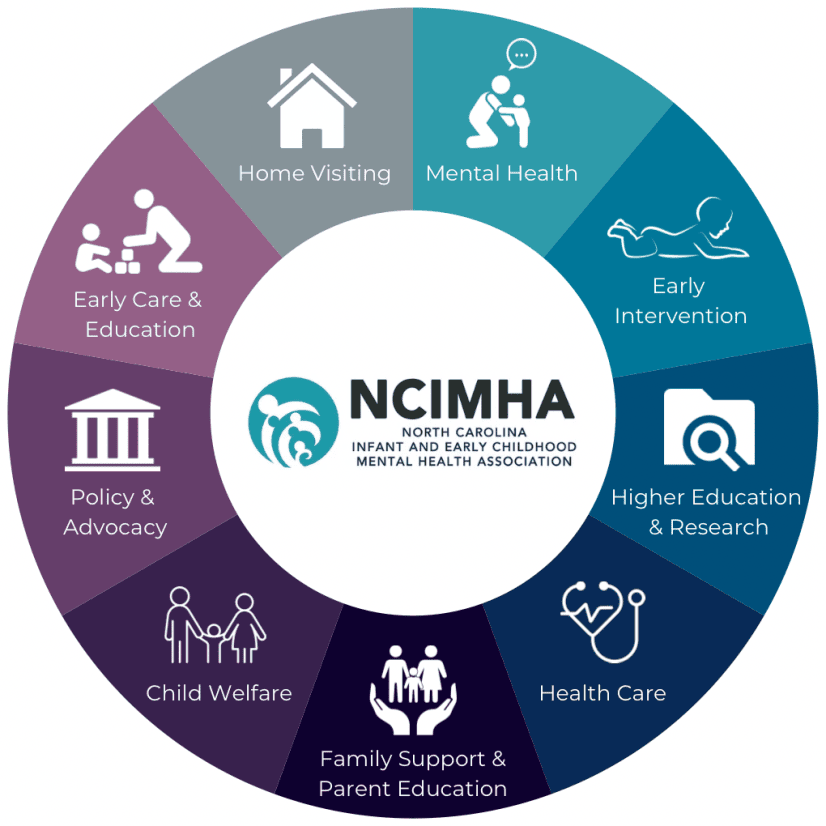 A graphic illustrates 8 areas of service: Mental Health, Early Intervention, Health Care, Higher Education and Research, Policy and Advocacy, Child Welfare, Early Care & Eduation, and Home Visiting.